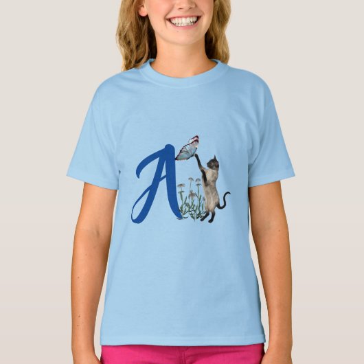 Siamese Kat Vlinder Mooie Monogram Eerste A T-shirt (Voorkant)