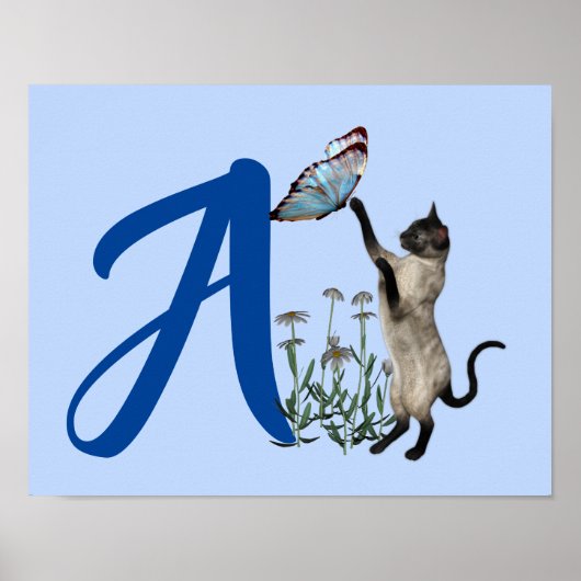 Siamese Kat Vlinder Schattig Monogram Initiaal A Poster (Voorkant)