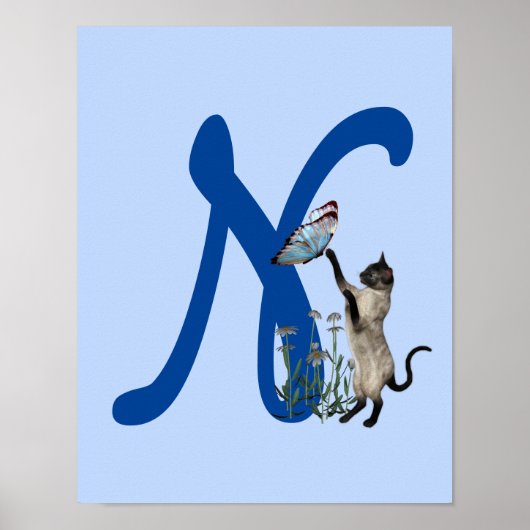 Siamese Kat Vlinder Schattig Monogram Initiaal N Poster (Voorkant)