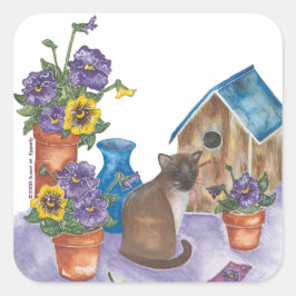 Siamese Kat Vogelhuis Pansies Waterverf "Anthony" Vierkante Sticker