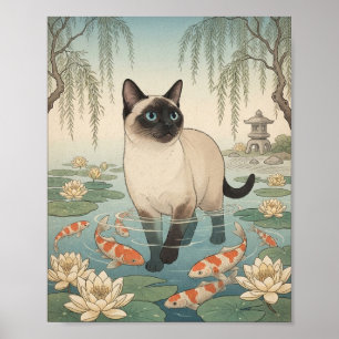 Siamese Kat Wadend in Koi Vijver Japanse Tuin Wat Poster