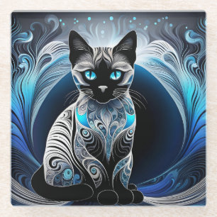 Siamese kat, zwart blauw en wit abstract glazen onderzetter