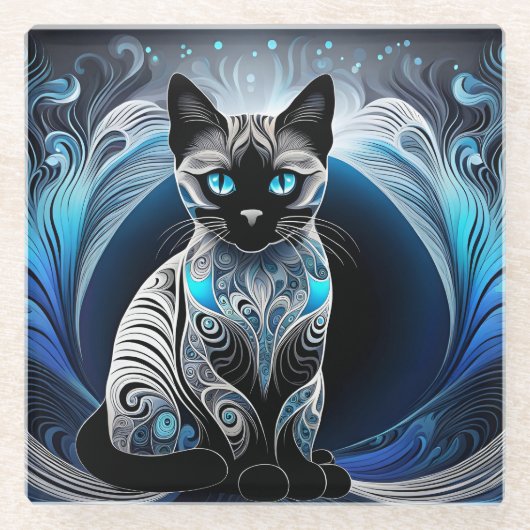 Siamese kat, zwart blauw en wit abstract glazen onderzetter (Voorkant)