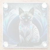 Siamese kat, zwart blauw en wit abstract glazen onderzetter (Achterkant)