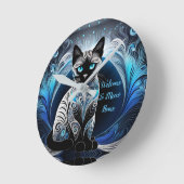 Siamese kat, zwart blauw en wit abstract ronde klok (Hoek)