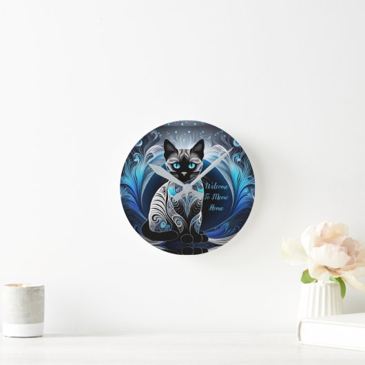 Siamese kat, zwart blauw en wit abstract ronde klok (Huis)