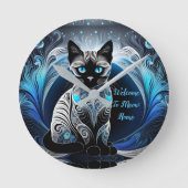 Siamese kat, zwart blauw en wit abstract ronde klok (Voorkant)