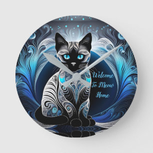 Siamese kat, zwart blauw en wit abstract ronde klok
