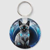 Siamese kat, zwart blauw en wit abstract sleutelhanger (Voorkant)