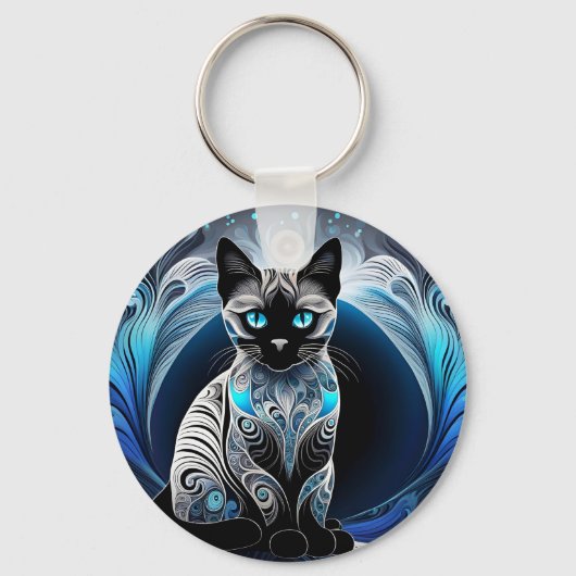 Siamese kat, zwart blauw en wit abstract sleutelhanger (Voorkant)