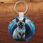 Siamese kat, zwart blauw en wit abstract sleutelhanger (Achterkant)
