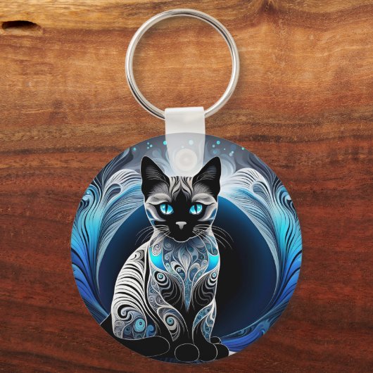 Siamese kat, zwart blauw en wit abstract sleutelhanger (Achterkant)