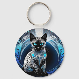 Siamese kat, zwart blauw en wit abstract sleutelhanger