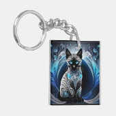 Siamese kat, zwart blauw en wit abstract sleutelhanger (Voorkant Links)