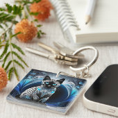 Siamese kat, zwart blauw en wit abstract sleutelhanger (Voorkant Rechts)