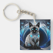 Siamese kat, zwart blauw en wit abstract sleutelhanger (Voorkant)