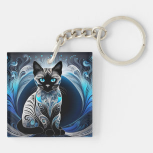Siamese kat, zwart blauw en wit abstract sleutelhanger