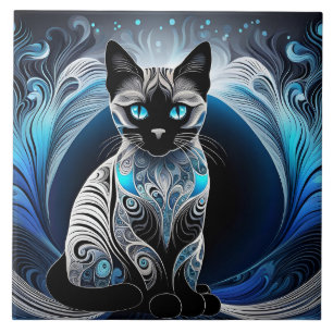 Siamese kat, zwart blauw en wit abstract tegeltje