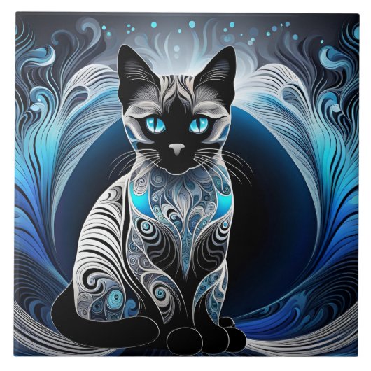 Siamese kat, zwart blauw en wit abstract tegeltje (Voorkant)
