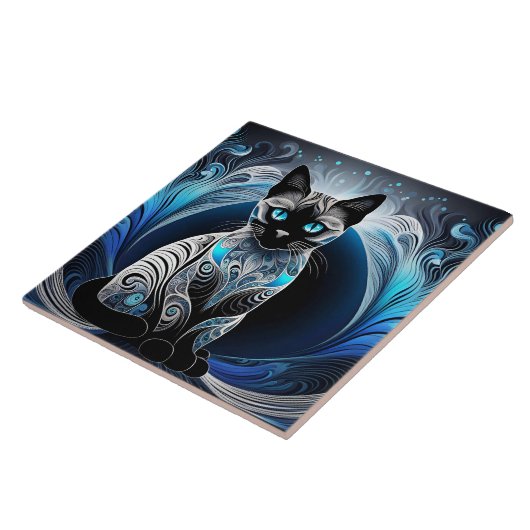 Siamese kat, zwart blauw en wit abstract tegeltje (Zijkant)