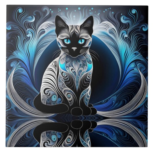 Siamese kat, zwart blauw en wit abstract tegeltje (Voorkant)