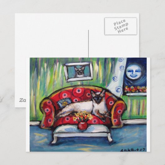 Siamese katten glimlachen maankattenschilderij briefkaart (Voorkant / Achterkant)