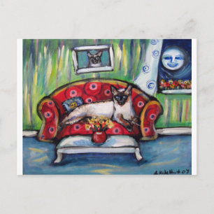Siamese katten glimlachen maankattenschilderij briefkaart