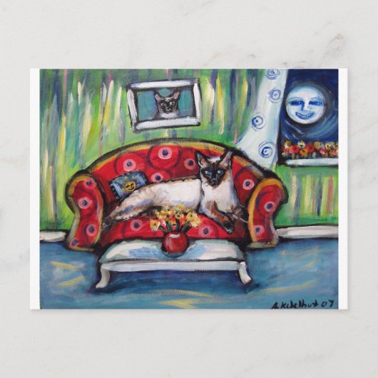 Siamese katten glimlachen maankattenschilderij briefkaart (Voorkant)