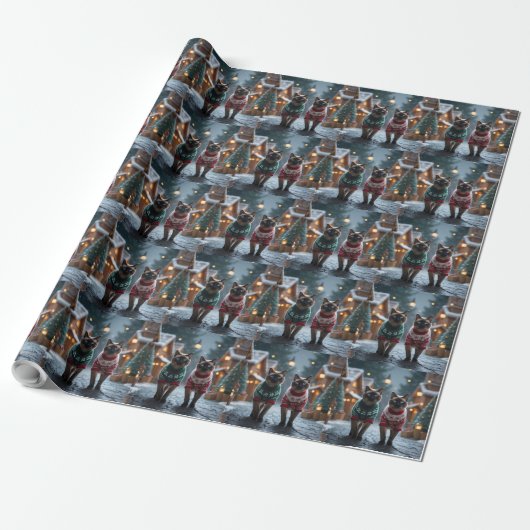 Siamese Katten Kerst Sneeuw Vakantie Cadeaupapier (Uitgerold)