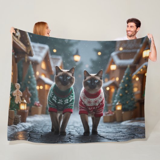 Siamese Katten Kerst Sneeuw Vakantie Fleece Deken (In situ)