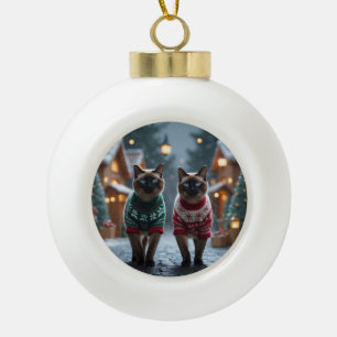 Siamese Katten Kerst Sneeuw Vakantie Keramische Bal Ornament