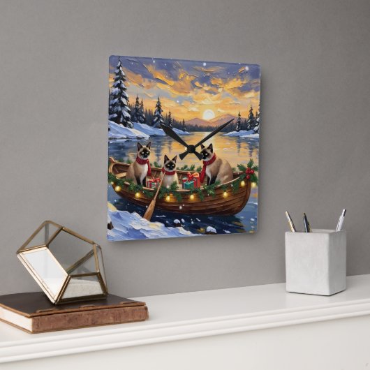 Siamese Katten Kerstboot Vakantie Vierkante Klok (Kantoor)