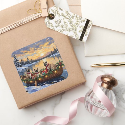 Siamese Katten Kerstboot Vakantie Vierkante Sticker (Geschenken)