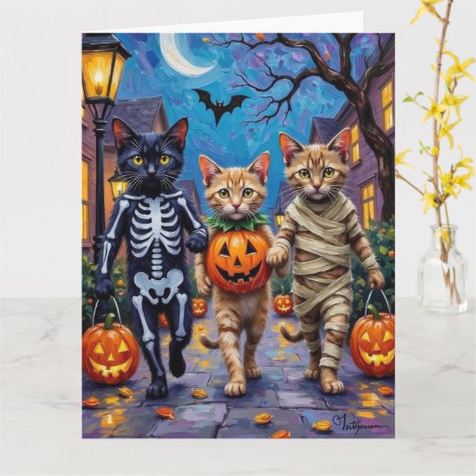 Siamese Katten Trick-or-Treating Halloween Kostuum Kaart (Gele Bloem)
