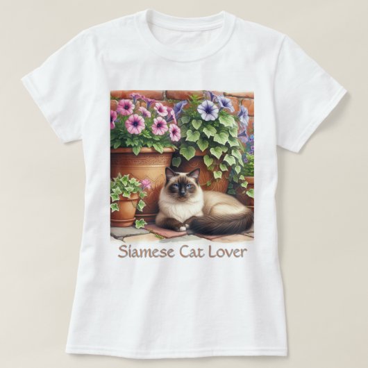 Siamese kattenliefhebber / roze petunia bloemen t-shirt (Design voorkant)