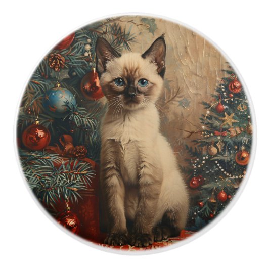 Siamese Kitten Kerst  Kat Keramische Knop (Voorkant)