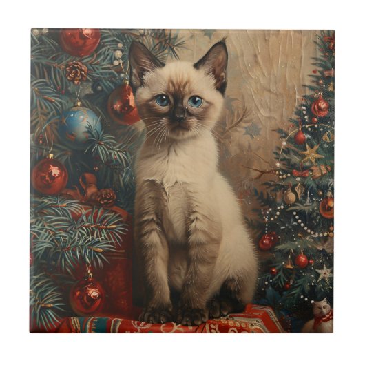Siamese Kitten Kerst Kat Tegeltje (Voorkant)