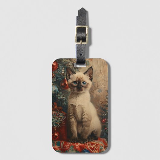 Siamese Kitten Kerstmis Vintage Kat Bagagelabel (Voorkant (verticaal))
