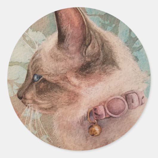 Siamese Kitten Pink Collar Waterverf Art Ronde Sticker (Voorkant)