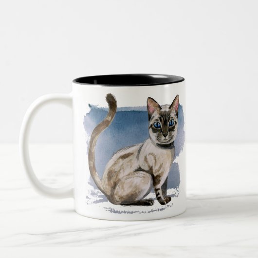 Siamese Kitten Waterverf schilderen | Jouw namen t Tweekleurige Koffiemok (Links)