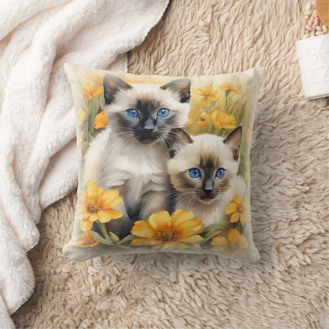 Siamese Kittens met Gele Bloemen  Kussen (Deken)
