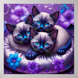 Siamese Kittens Paarse Bloemen Zilveren Kussen Poster