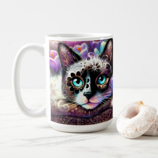 Siamese Kitty Cat Crocus Floral Paarse Blauwgroen  Koffiemok (Met donut)