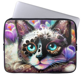 Siamese Kitty Cat Crocus Floral Paarse Blauwgroen  Laptop Sleeve