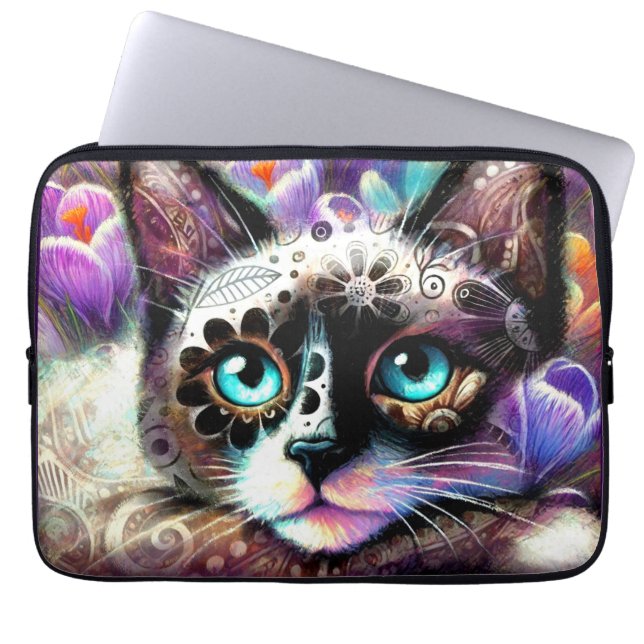 Siamese Kitty Cat Crocus Floral Paarse Blauwgroen  Laptop Sleeve (Voorkant)