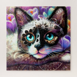 Siamese Kitty Cat Crocus Floral Paarse Blauwgroen  Legpuzzel