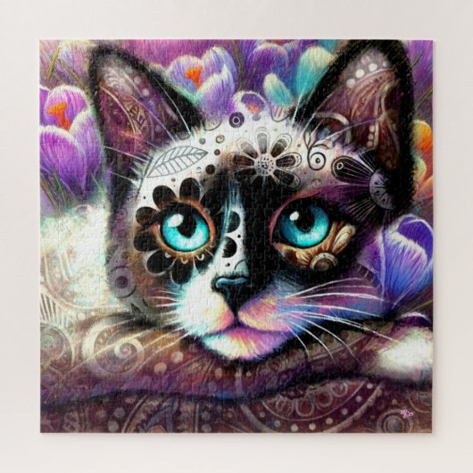 Siamese Kitty Cat Crocus Floral Paarse Blauwgroen  Legpuzzel (Verticaal)