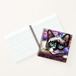Siamese Kitty Cat Crocus Floral Paarse Blauwgroen  Notitieboek