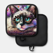 Siamese Kitty Cat Crocus Floral Paarse Blauwgroen Pannenlap (Voorkant / Achterkant)