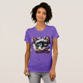 Siamese Kitty Cat Crocus Floral Paarse Blauwgroen T-shirt (Voorkant volledig)